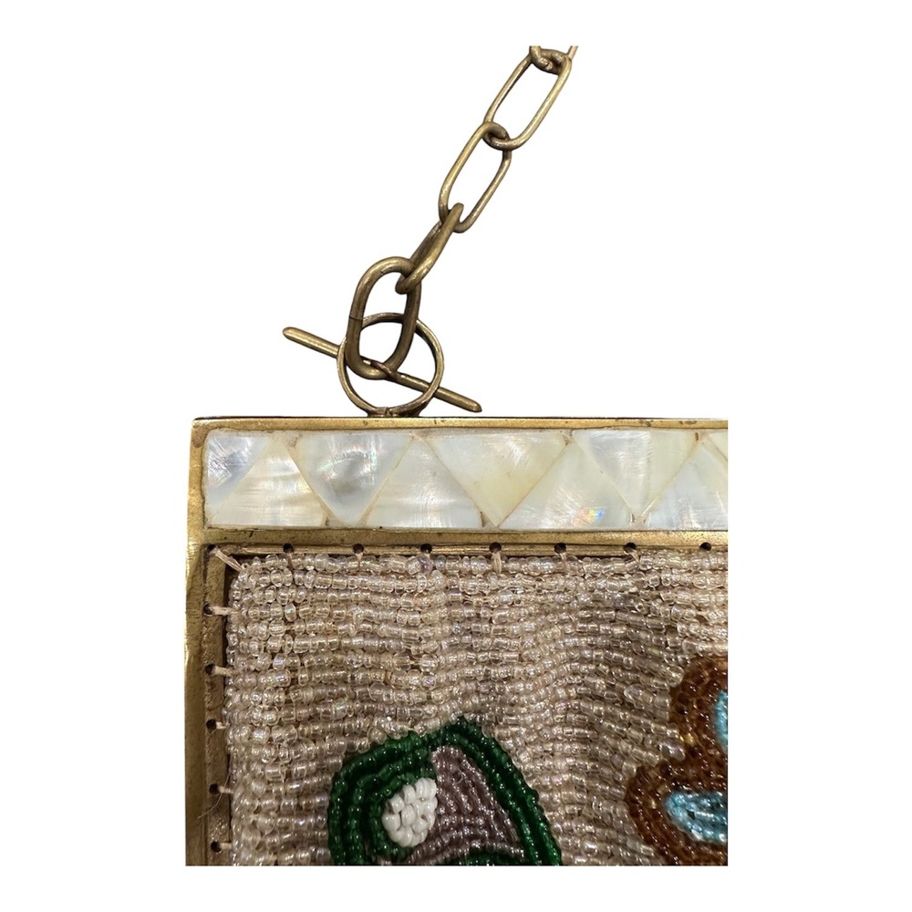 Aimee Capobianco Floral Beaded Suede Evening Bag Mother of Pearl Gingham Lining - Picture 4 of 8